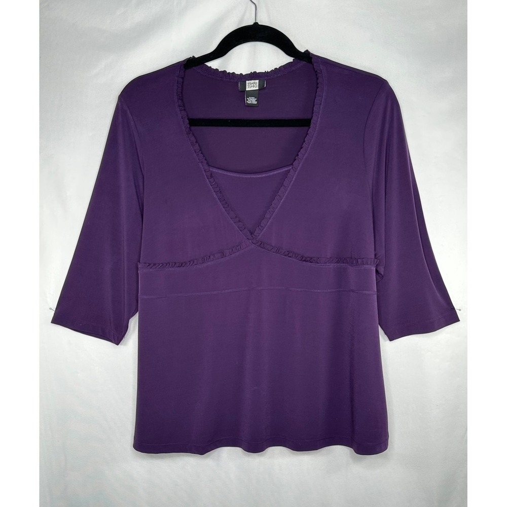 Studio 1940 Purple Ruffle V-Neck Empire Waist 3/4 Sleeve Top Stretchy Sz 22/24W